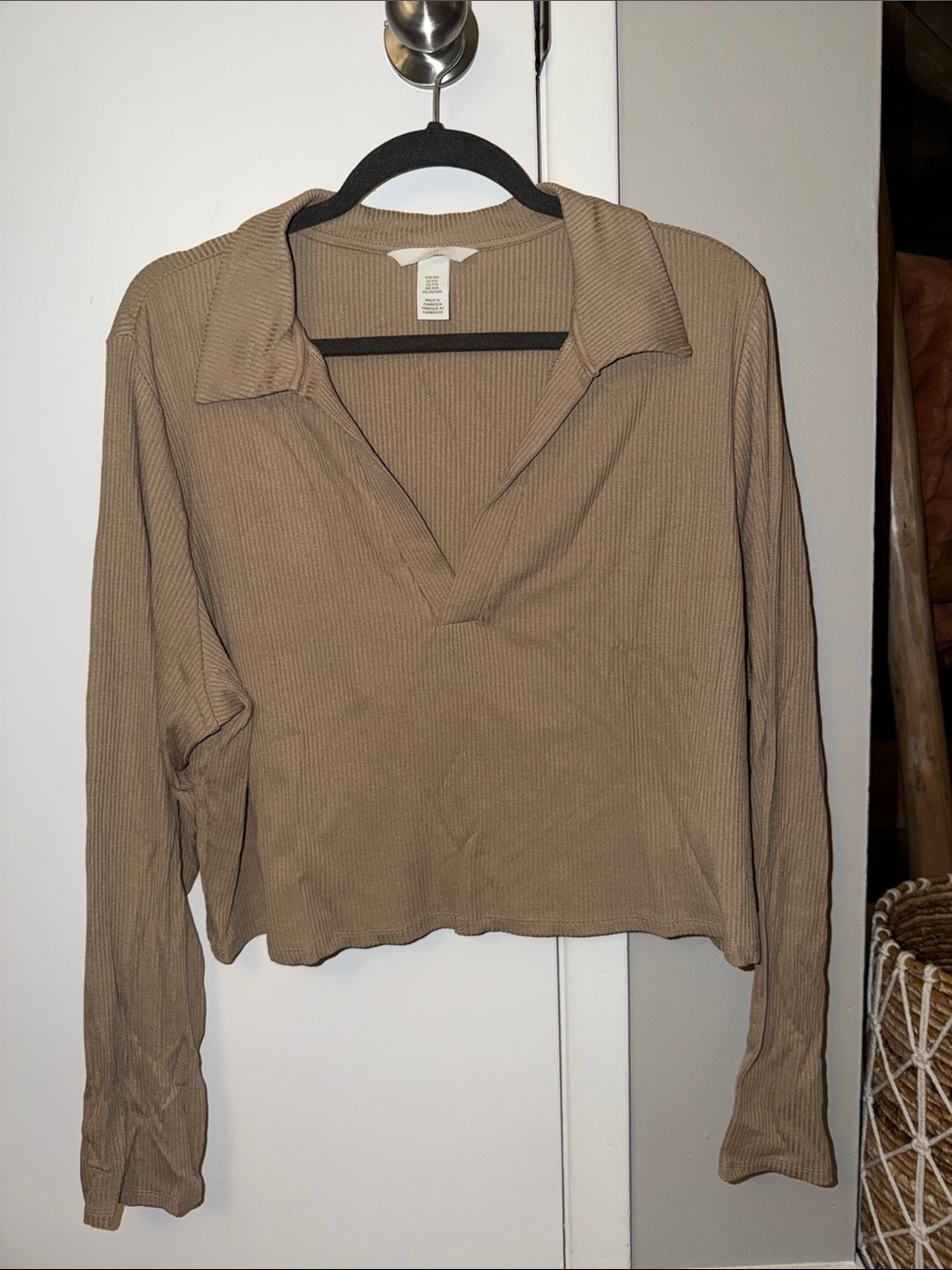 H&M Ribbed Long-Sleeve Polo Top - Beige/Tan